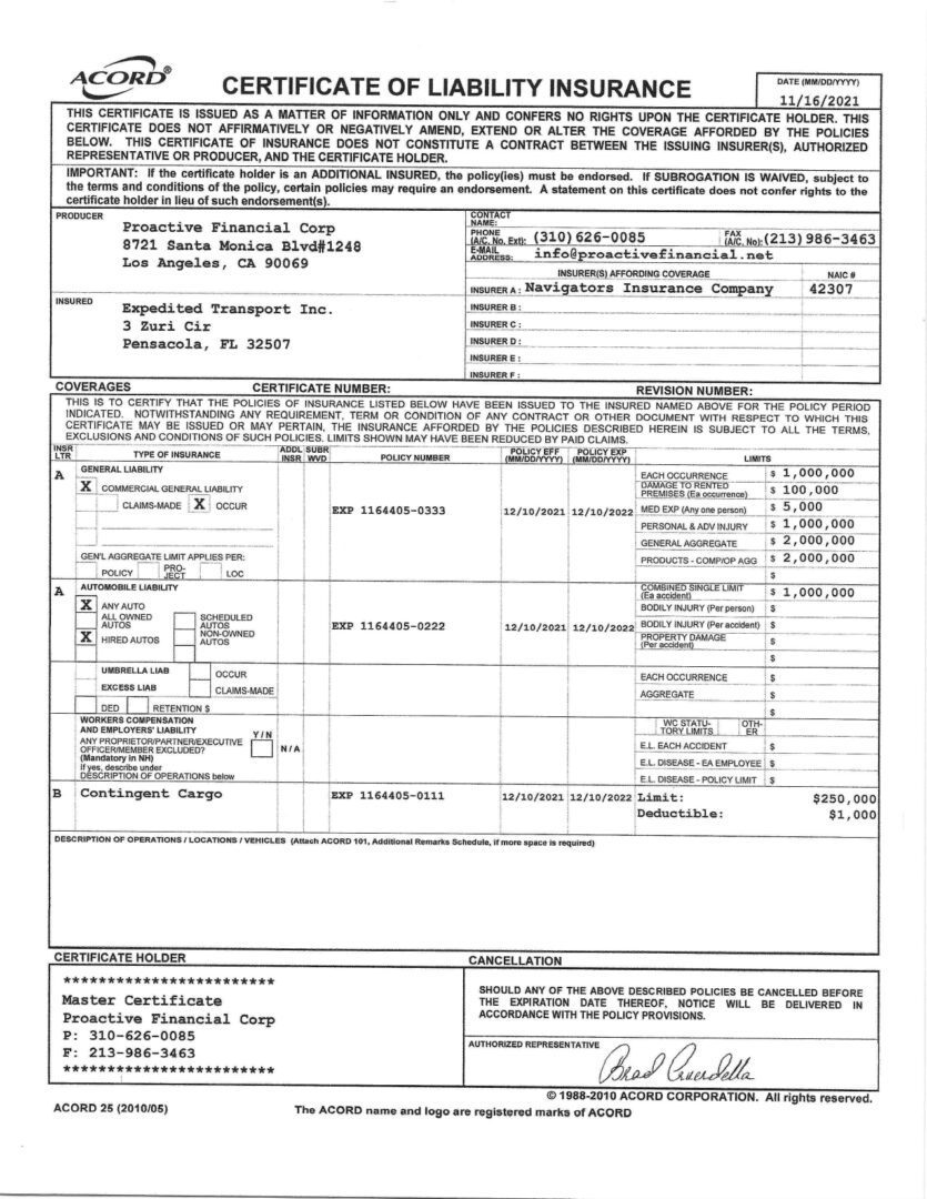 Contact Us XTrans Inc   Certificate Of Liability Insurance 